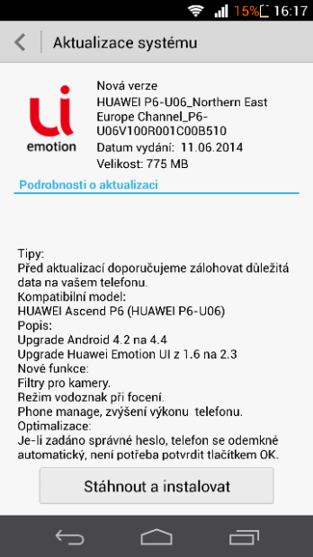 Smartphone Huawei Ascend P6 dostává Android 4.4 KitKat