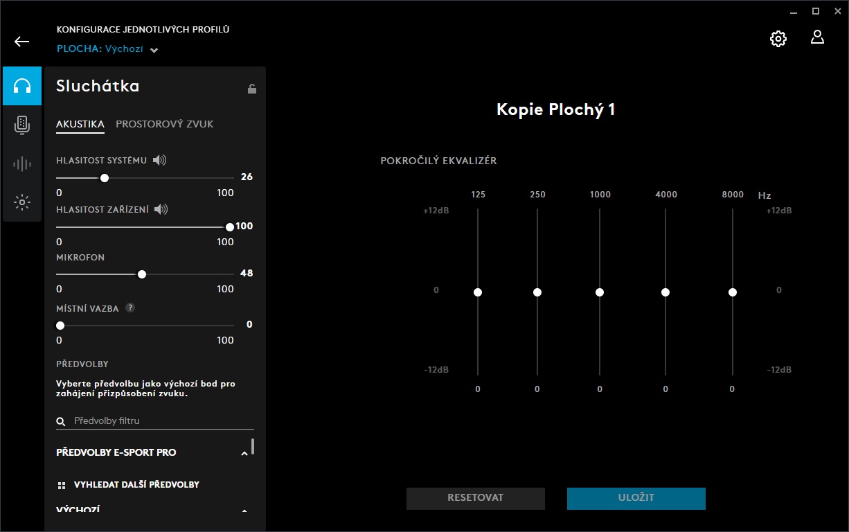 Nastavení akustiky sluchátek Logitech G735 je víceméně standardní.