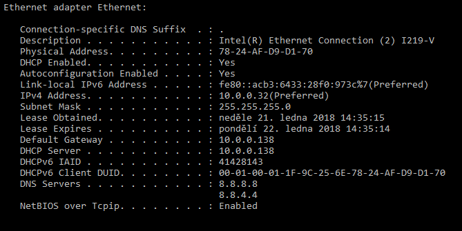 Spustím CMD a pomocí příkazu ipconfig /all se podívám na stávající nastavení.