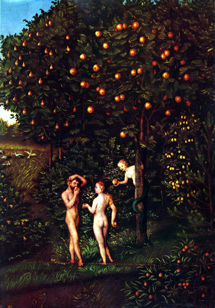 "Lucas Cranach (I) - Adam and Eve-Paradise - Kunsthistorisches Museum - Detail Tree of Knowledge" by Lucas Cranach the Elder - Unknown. Licensed under Public Domain via Wikimedia Commons.