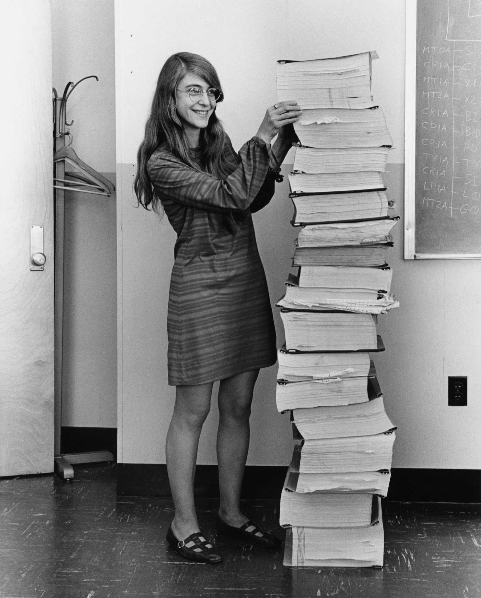 This is a retouched picture, which means that it has been digitally altered from its original version. Modifications: dust and scratches removed; curves tweaked to bring out shadows, approximately 3 pixels cropped from bottom in order to remove a border. See upload history of the PNG for version without colour tweaks. The original can be viewed here: Margaret Hamilton.gif: ., Public Domain, Link