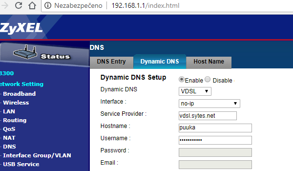 Nastavení No-IP v modemu