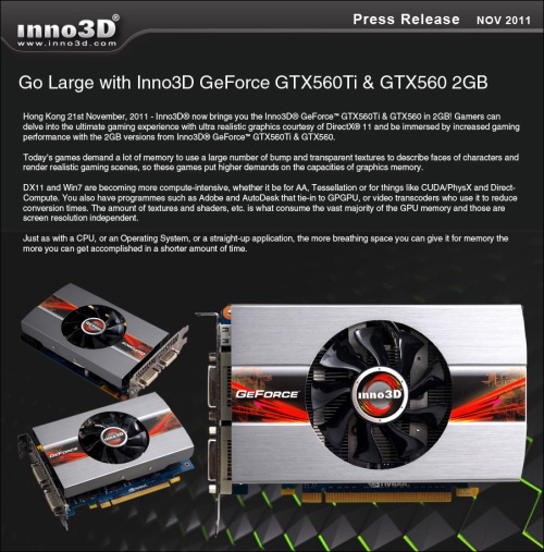 Inno3D připravuje GeForce GTX 560 Ti a GTX 560 s 2 GB GDDR5 paměti