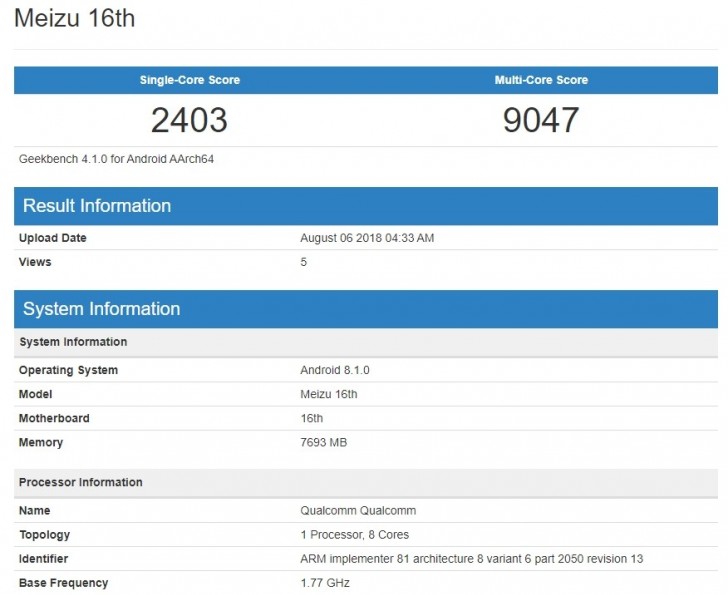 Meizu 16 se Snapdragonem 845 a 8 GB RAM strhalo benchmark Geekbench