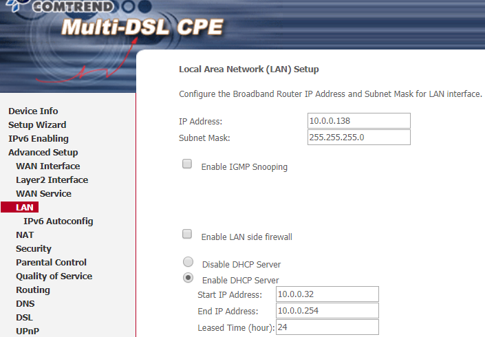 Comtrend – nastavení IP a DHCP.