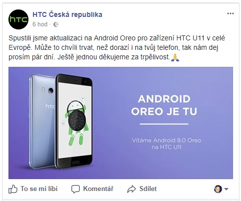 HTC U11 dostává Android 8.0 Oreo