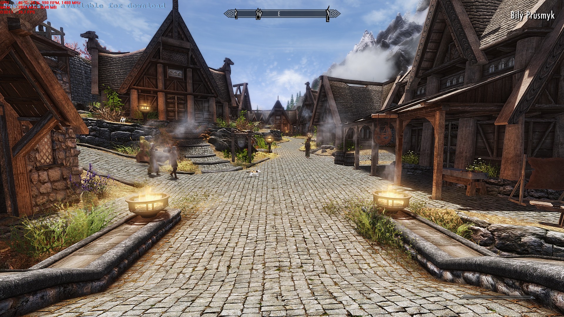 Vanilla, Whiterun, 39 FPS. Z důvodu jiných modů je vytížení grafiky pouze 70%.