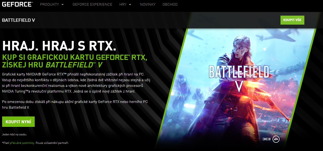 Battlefield V zdarma ke grafickým kartám GeForce RTX + aktuální Game Ready ovladače