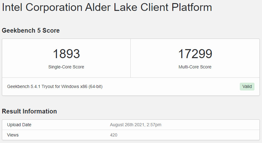 Intel Core i9-12900K v platformě Geekbench 5