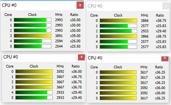  Boost frekvence jader AMD Ryzen 5 2600 při různém vytížení - bequiet! Silent Loop 280 