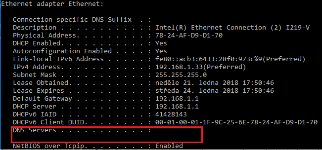 Chybějící/nedostupný DNS Server!