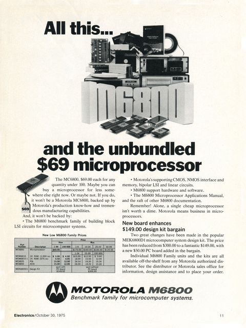 "Motorola MC6800 microprocessor ad 1975" by Motorola - Scanned from page 11 of the October 30, 1975 issue of Electronics magazine by Michael Holley Swtpc6800. Licensed under Public Domain via Wikimedia Commons.