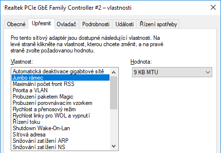 Povolení Jumbo Frames ve vlastnostech síťovky na PC