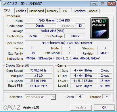 Overclocker Mad222 přetočil Phenom II X4 955 BE na 7 378 MHz