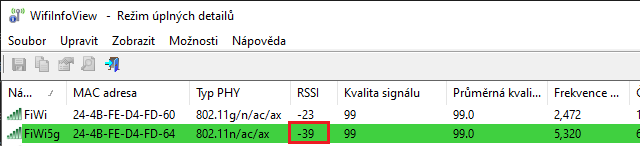 Měření v programu od firmy Nirsoft - stejná místnost, různá výška zařízení