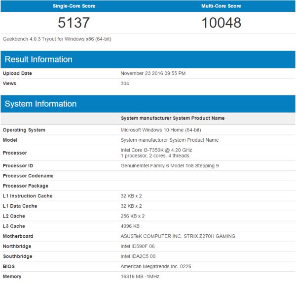 Procesor Intel Core i3-7350K otestován benchmarkem Geekbench