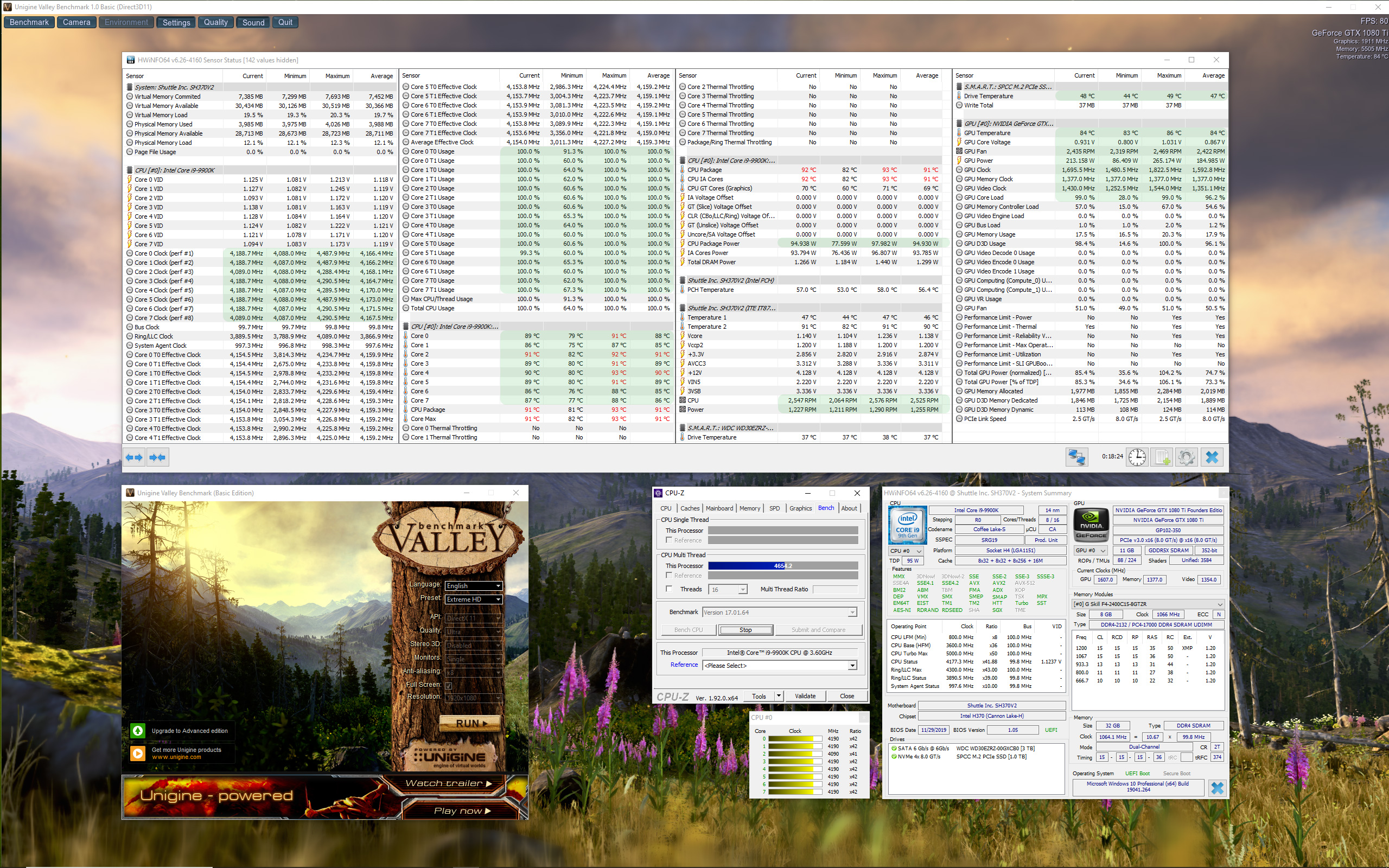 Unigine Valley + CPU-Z – výchozí nastavení sestavy, 16 vláken, Smart Fan Mode