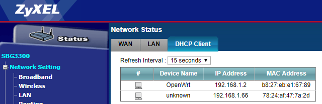 Log DHCP v DSL modemu