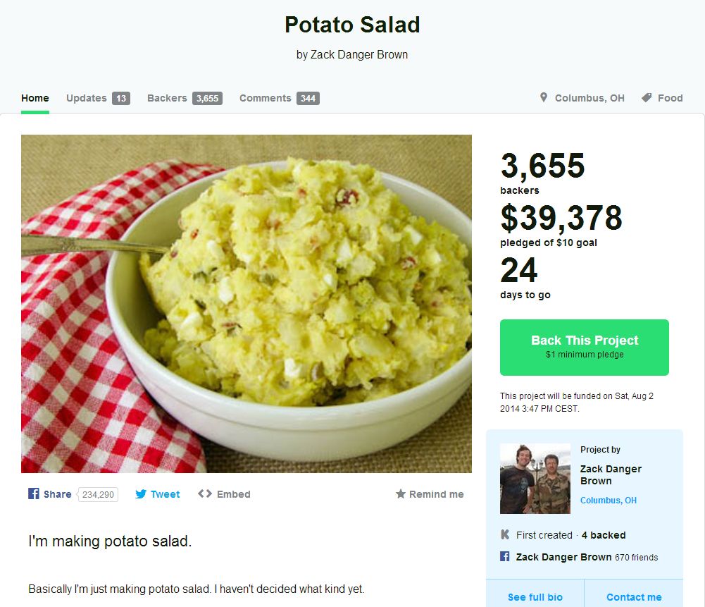Na bramborový salát se na Kickstarteru vybralo skoro 40 tisíc dolarů, do konce kampaně zbývá 24 dní!