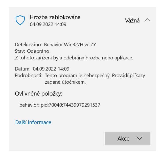 Windows Defender hlásí HELP: Behavior:Win32/Hive.ZY