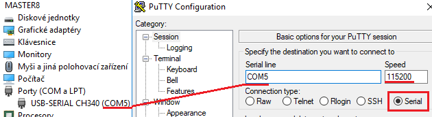 Putty - nastavení COM portu