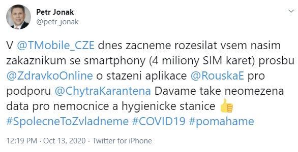 Tuzemští operátoři rozešlou klientům SMS s prosbou o stažení eRoušky