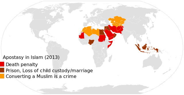 Muslimské země s trestem smrti za odpadlictví od víry, rok 2013.[1] V mnoha dalších muslimských zemích platí za odpadlictví žalář nebo stíhání za rouhání atd.[2]„Apostasy laws in 2013“ od RLoutfy – Vlastní dílo. Licencováno pod CC BY-SA 4.0 via Wikimedia Commons.