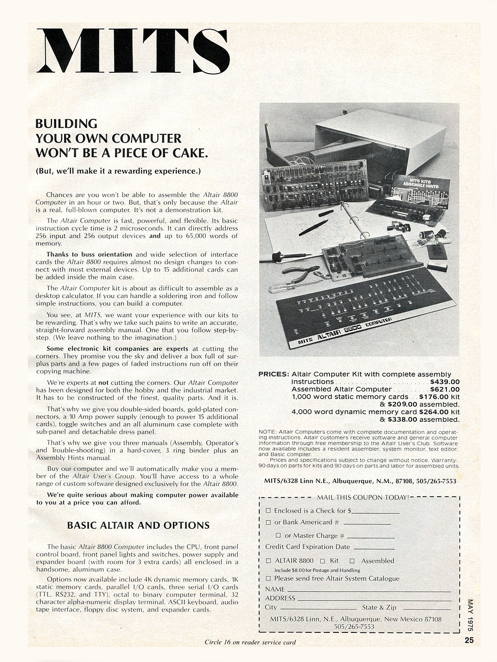 "Altair Computer Ad May 1975" by MITS staff Scanned from the May 1975 Radio-Electronics magazine by Michael Holley Swtpc6800. Licensed under Public Domain via Wikimedia Commons.