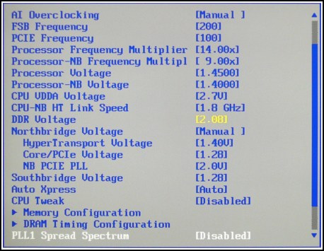 Obrázek nastavení systému pro Phenom na taktu 2,8GHz