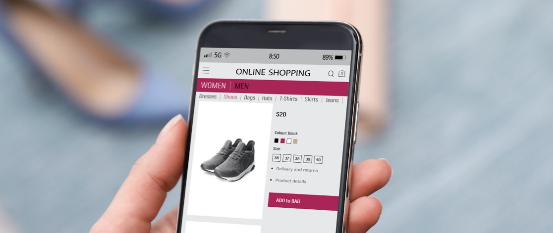 Close up of buying shoes on a mobile eCommerce website