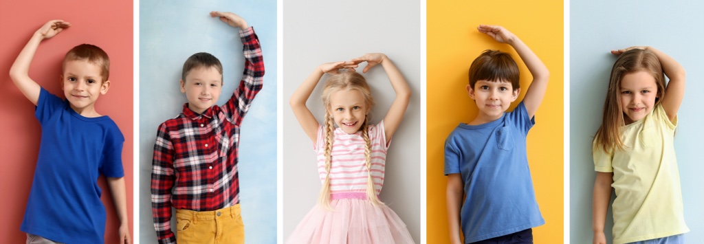 Collage of young kids measuring themselves with their hands above their heads