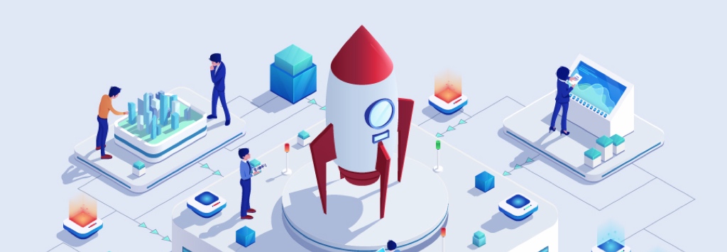 Colorful illustration of building rocket ships and mobile phones
