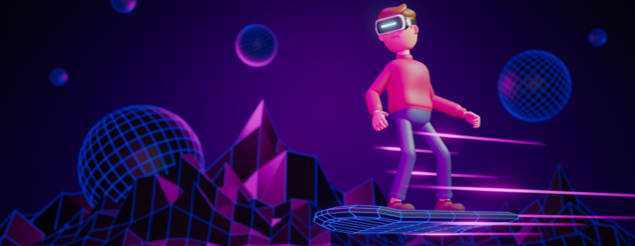 A Metaverse avatar wearing VR goggles and riding on a hover board 