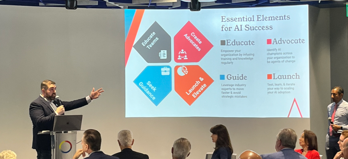 Image of PeakActivity Subject Matter Expert giving AI presentation to a large group of people