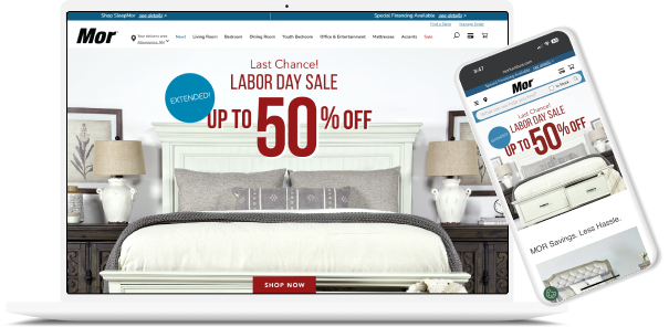 Screenshots of Mor Furniture's website on desktop and mobile
