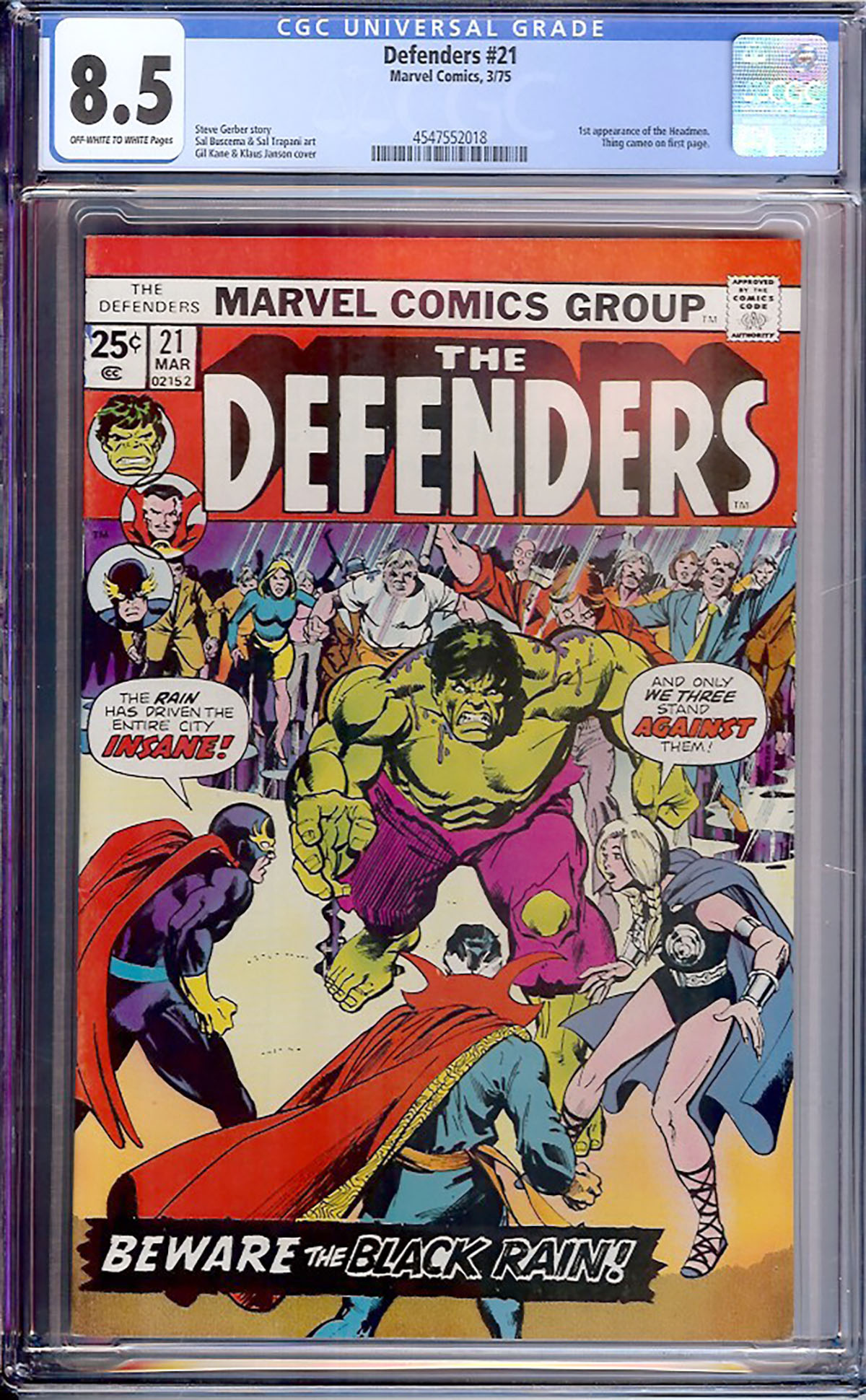 Defenders #21 CGC 8.5 ow/w
