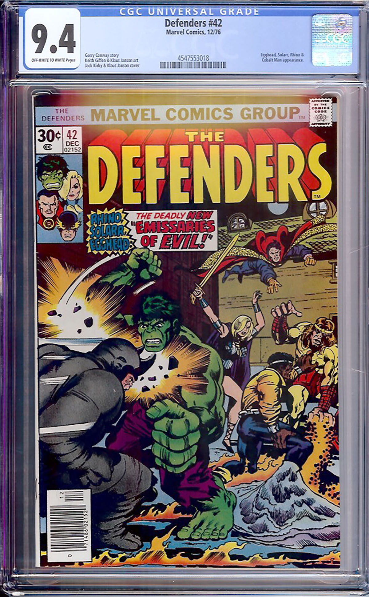 Defenders #42 CGC 9.4 ow/w