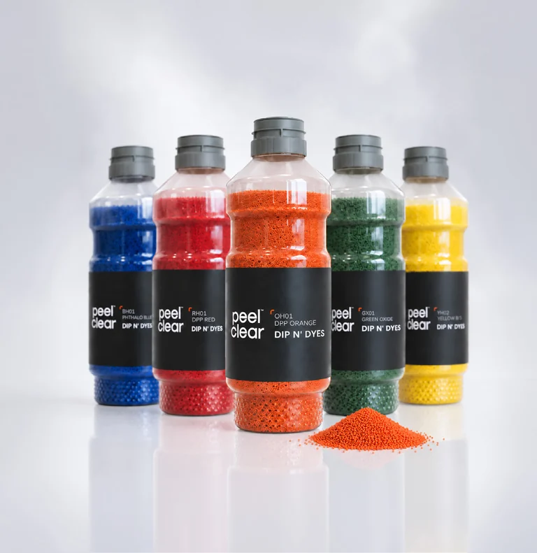 Five Peelclear Dip N' Dyes colorant bottles