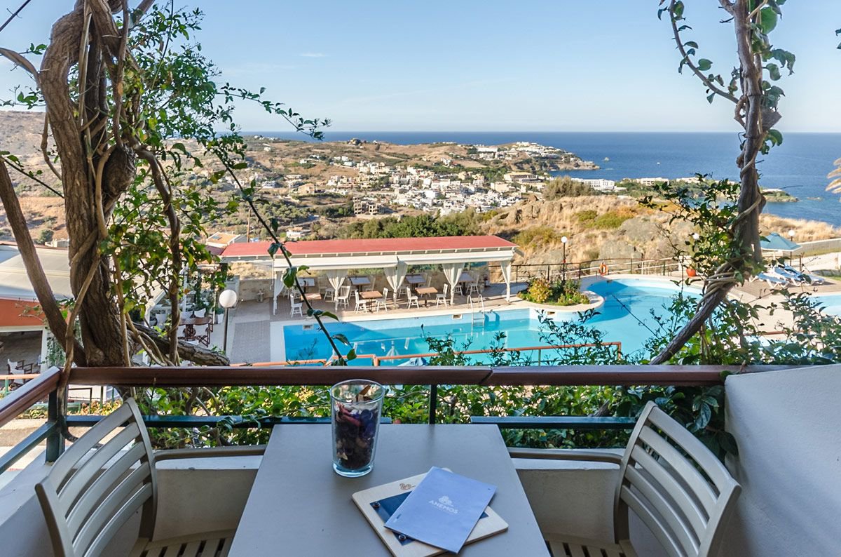 The view to the swimming pool from Standard Double Room at Pela Mare Hotel