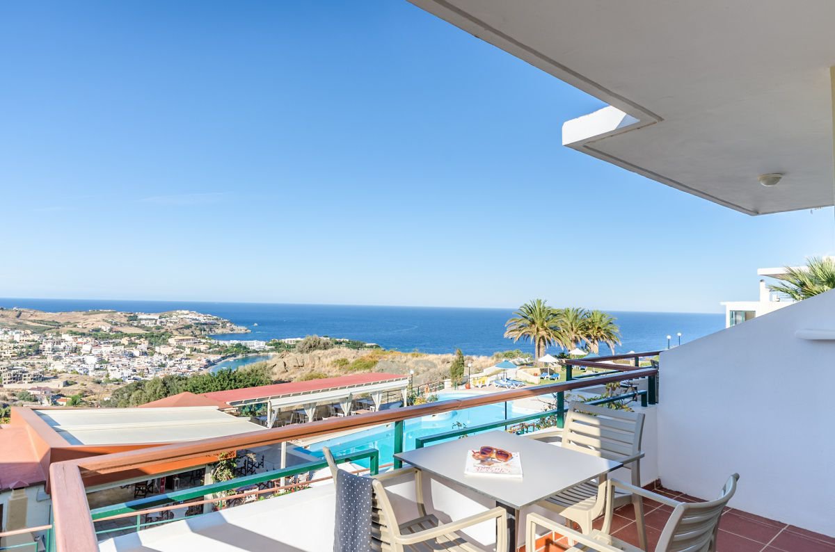 The view to the swimming pool from Standard Double Room at Pela Mare Hotel