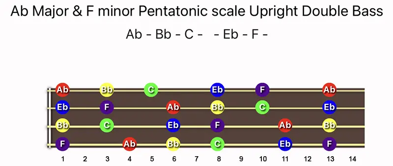 A♭ Major & F minor Pentatonic scale notes on a Upright Double Bass fingerboard