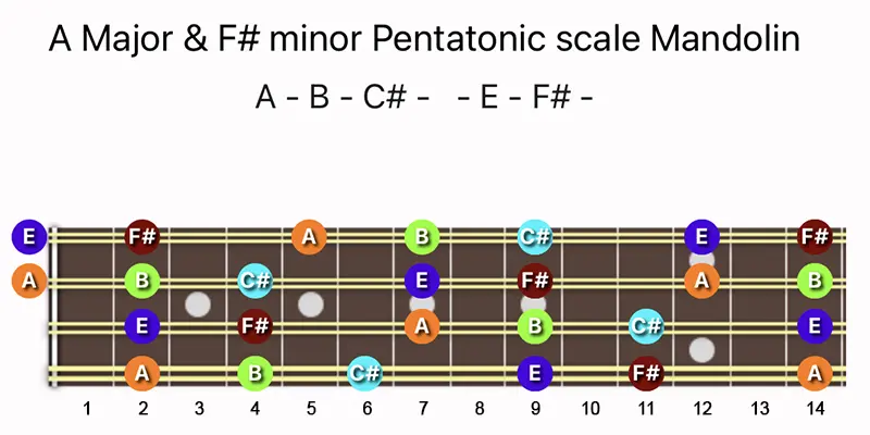 A Major & F♯ minor Pentatonic scale notes on a Mandolin fretboard