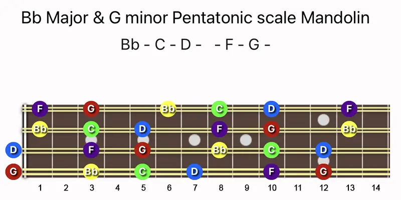 B♭ Major & G minor Pentatonic scale notes on a Mandolin fretboard