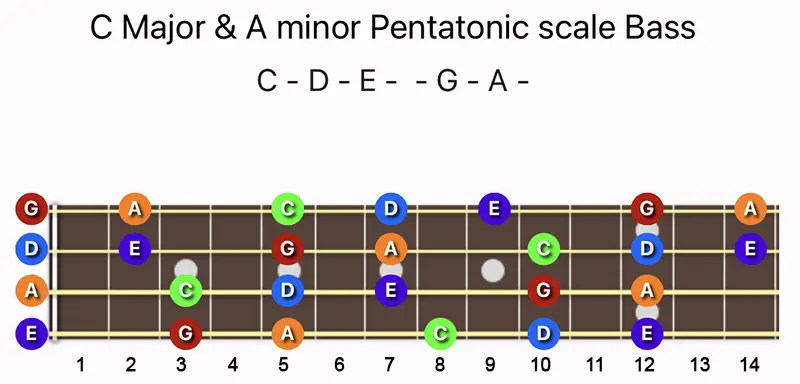 C Major and A minor Pentatonic scale notes on Bass fretboard