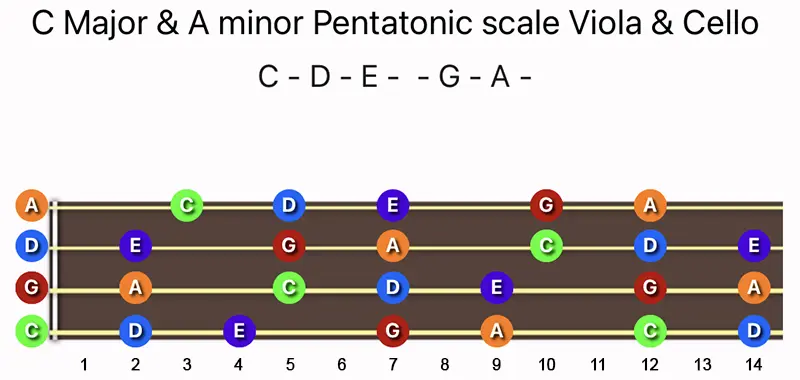 C Major & A minor Pentatonic scale notes on a Viola & Cello fingerboard