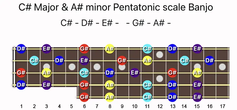 C♯ Major & A♯ minor Pentatonic scale notes on a Banjo fretboard