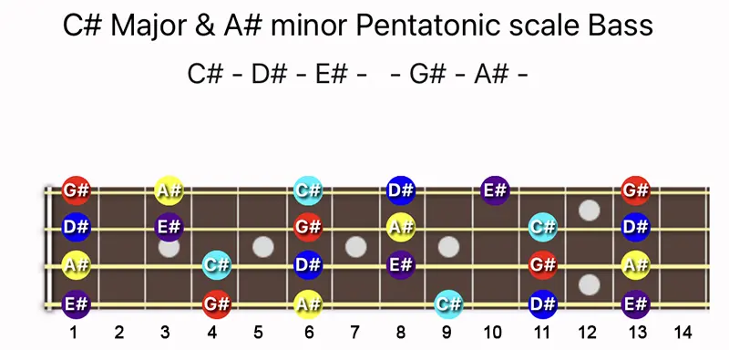 C♯ Major and A♯ minor Pentatonic scale notes on Bass fretboard