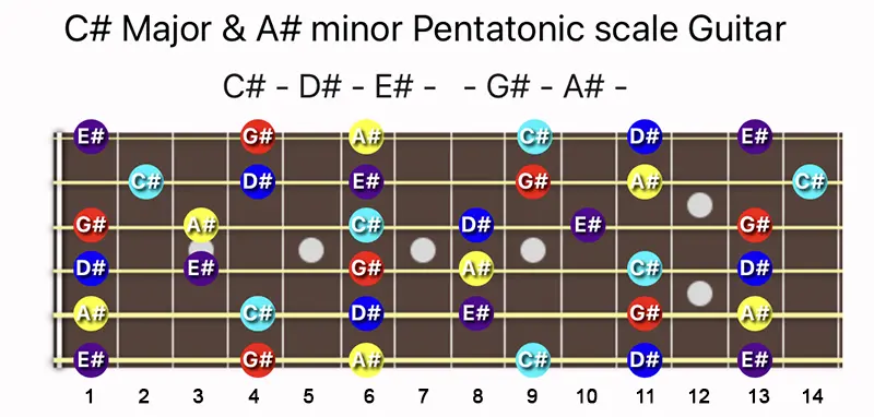 C♯ Major and A♯ minor Pentatonic scale notes on a Guitar fretboard