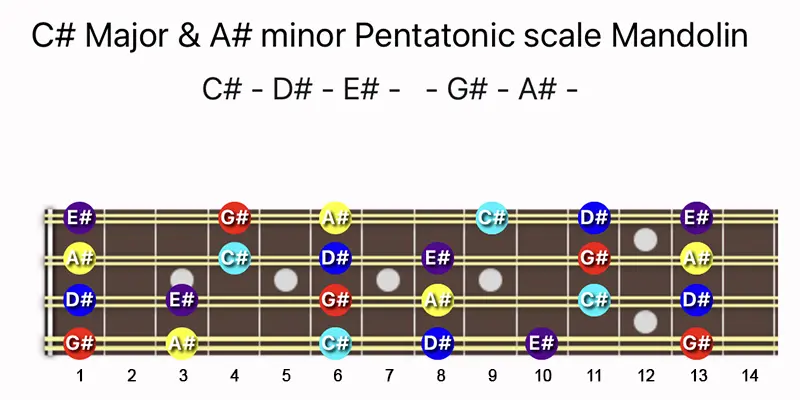 C♯ Major & A♯ minor Pentatonic scale notes on a Mandolin fretboard