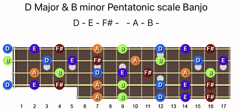 D Major & B minor Pentatonic scale notes on a Banjo fretboard